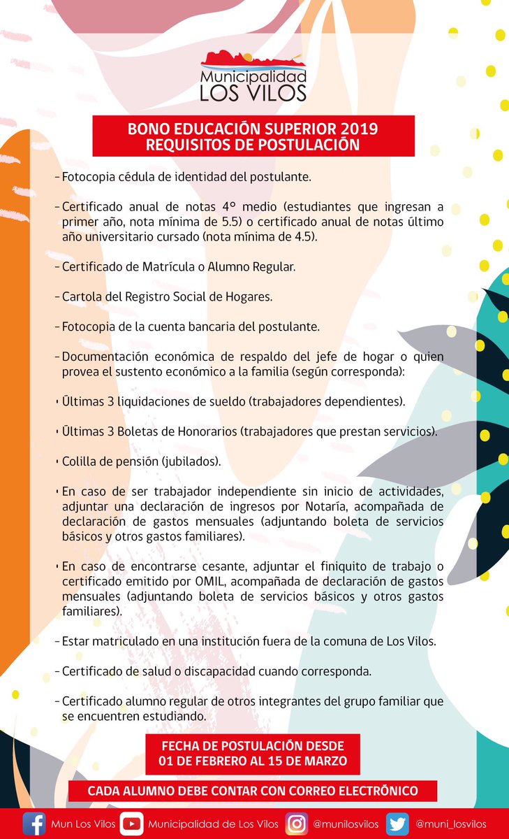 #Invitación | La Municipalidad de Los Vilos informa a todos los vileños y vileñas que inició el proceso de postulación del “Bono Educación Superior 2019”. 
Te invitamos a realizar tu postulación en la Dirección de Desarrollo Comunitario, ubicado en Calle Lincoyan #255.