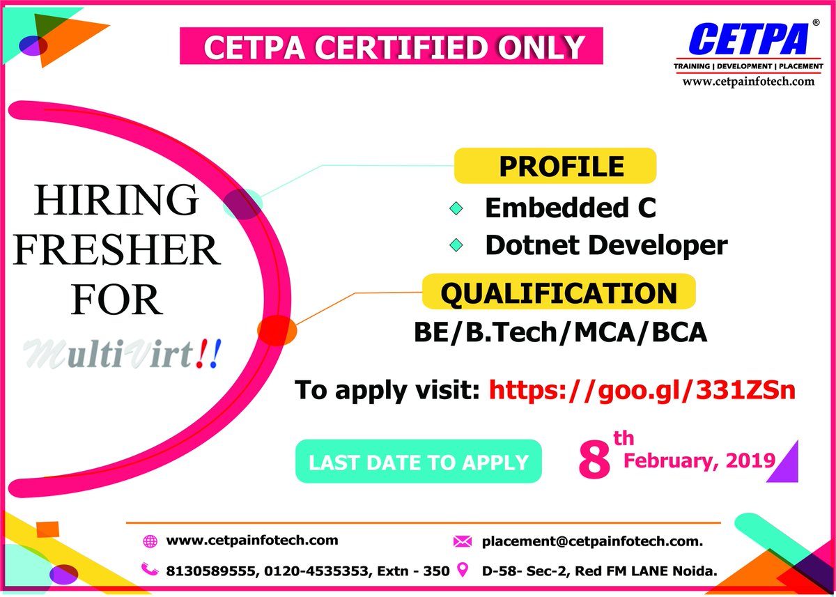 cetpainfo's tweet image. Excellent opportunity for B.TECH/BE/MCA/BCA students ~
Company: Multivirt India Pvt. Ltd.
Profile:-Embedded
Profile: Dotnet Developer
Apply by clicking at:-goo.gl/331ZSn
#Embedded #Dotnet_Developer #jobopportunities #Careers #Jobs #Trainee #EmbeddedTrainingCourse