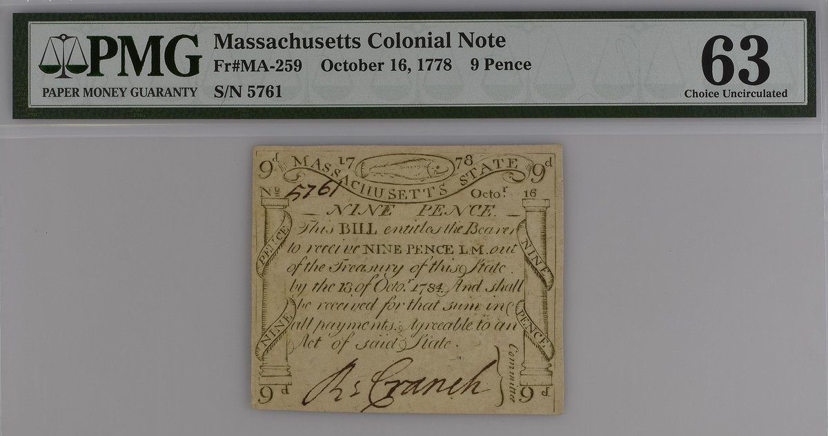PMGnotes's tweet image. Note of the Day: Massachusetts Colonial Note 1778 9 Pence. On February 6, 1778, Massachusetts became the sixth state to join the United States.  #pmg #pmgnotes #papermoney #currency #banknote #banknotes #note #notes #Massachusett #colonial