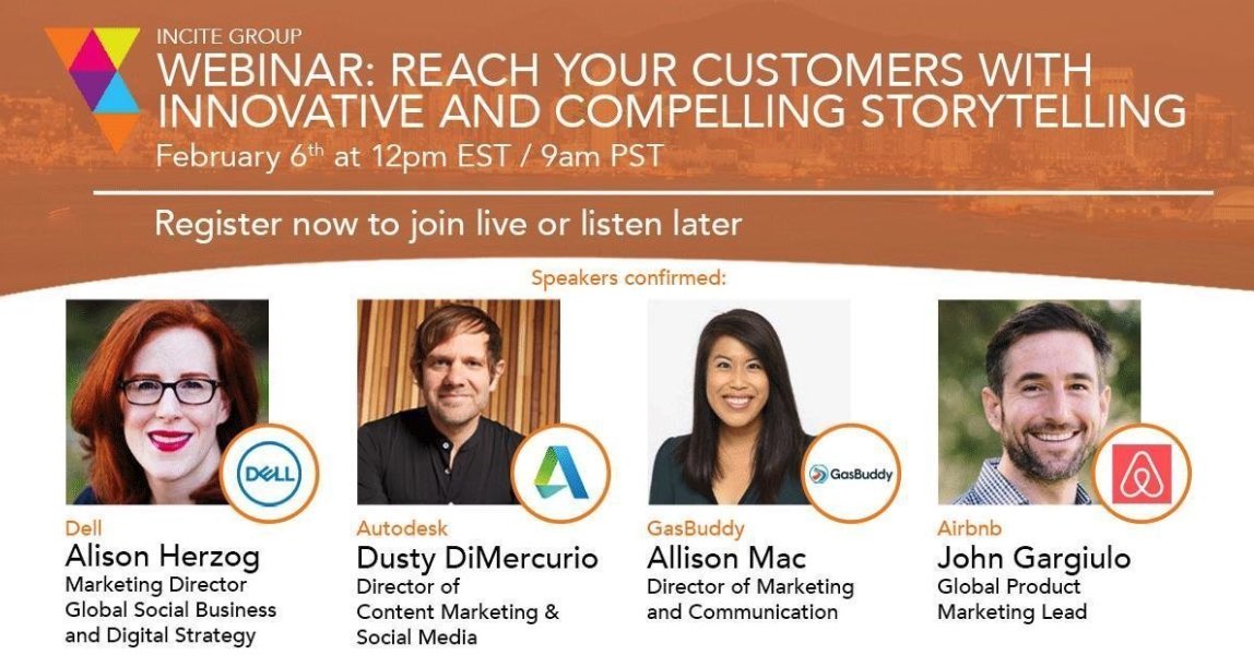 Discussing the changes in brand storytelling with some great folks from <a href="/Dell/">Dell</a> <a href="/Airbnb/">Airbnb</a> <a href="/GasBuddy/">GasBuddy</a> and <a href="/autodesk/">Autodesk</a> later today. Feel free to join/heckle if you’d like: register.gotowebinar.com/register/82503…