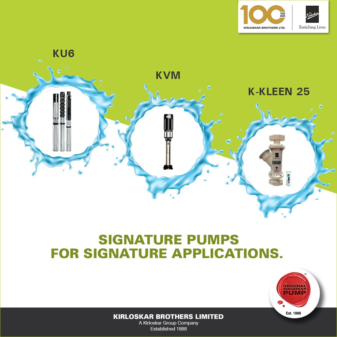 KBLPumps's tweet photo. KBL recently set a new benchmark in innovation with the launch of its three highly efficient pumps, #KU6, K-Kleen 25 and #KVM, each developed to perfection for a dedicated application.
#KirloskarPumps #KirloskarBrothers #KirloskarBrothersLimited #EnrichingLives #FluidManagement https://t.co/HpXWT6LjQq