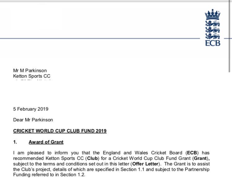 Delighted to announce we have been approved for an ECB grant as part of the Cricket World Cup Club Fund! Thanks to all involved, especially our grants &amp; sponsorship secretary Mike Parkinson! <a href="/kettonnews/">Ketton News</a> @leicscricket <a href="/SportsKetton/">Ketton Sports & Community Centre</a> @Mercury_JamesB #PitLane #Ketton #Progress