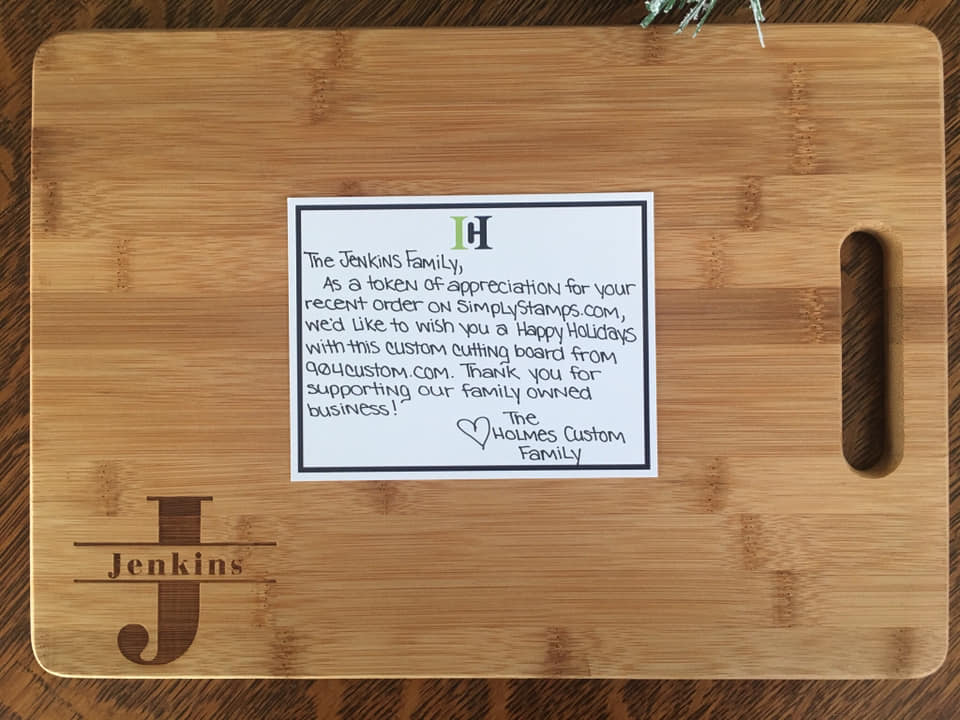 hcbrandsco's tweet photo. "We ordered an address stamp for our Christmas cards, the stamp was Great quality. What we didn’t order was the custom engraved bamboo cutting board. So surprised and thankful." -- John Thomas Jenkins

#HolmesCustom #CustomerReview #Review https://t.co/SXLGzkfAyM
