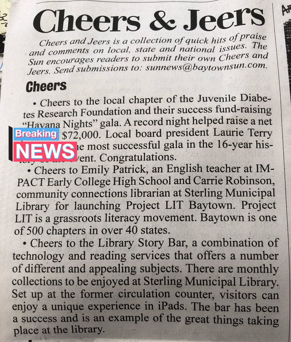 impactspartan's tweet photo. Yes...CHEERS!!!  @MsPatricksClass &amp; @baytownlibrary you’re AMAZING!!!  Can’t wait for our first activity!  Check it out @ProjectLITComm !  #madethepaper #ImpactingReadingLivesTodayAndTomorrow https://t.co/KG5tQ7yXrY
