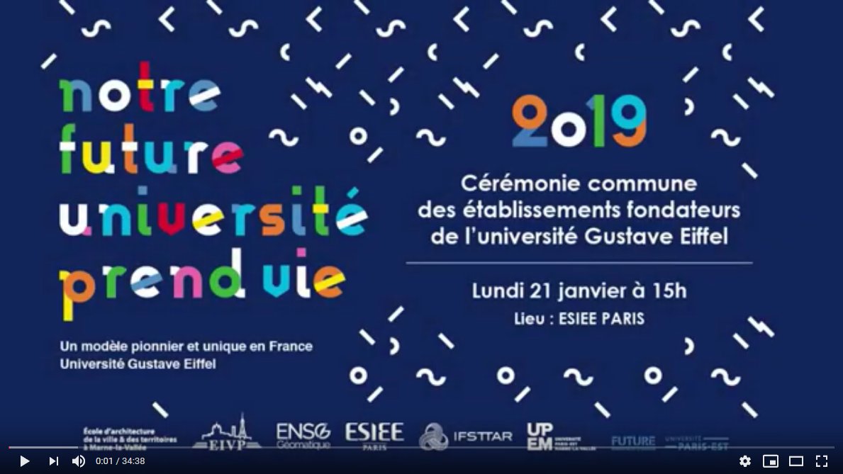 Ifsttar's tweet photo. 📽Cérémonie des vœux commune aux 6 établissements fondateurs de la future #Université #GustaveEiffel - 21 janvier 2019 @ESIEEPARIS avec @UnivParisEst #Ifsttar @eivp_paris @upemlv #EAVT @ENSG_IGN
https://t.co/XIUFWMPAxA via @YouTube https://t.co/sL2mA8W8dA