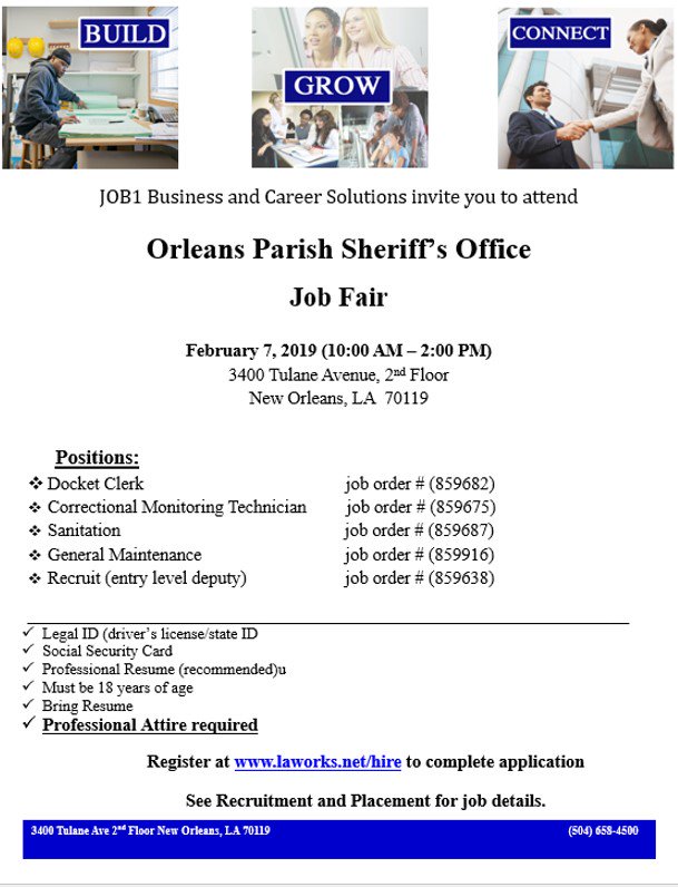 MfSuccess's tweet photo. Orleans Parish Sheriff's Office is hiring!!! 
Come to JOB1 (3400 Tulane Ave.) on tomorrow, Thursday, February 7th from 10am to 2pm for the OPSO Job Fair! Share with others. Take your #NextStep! See flyer for more info! https://t.co/t4HLdGOGOD