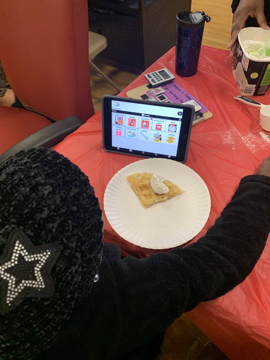 The TEACCH students and teachers and following directions to mixing and make waffles. Yummy!