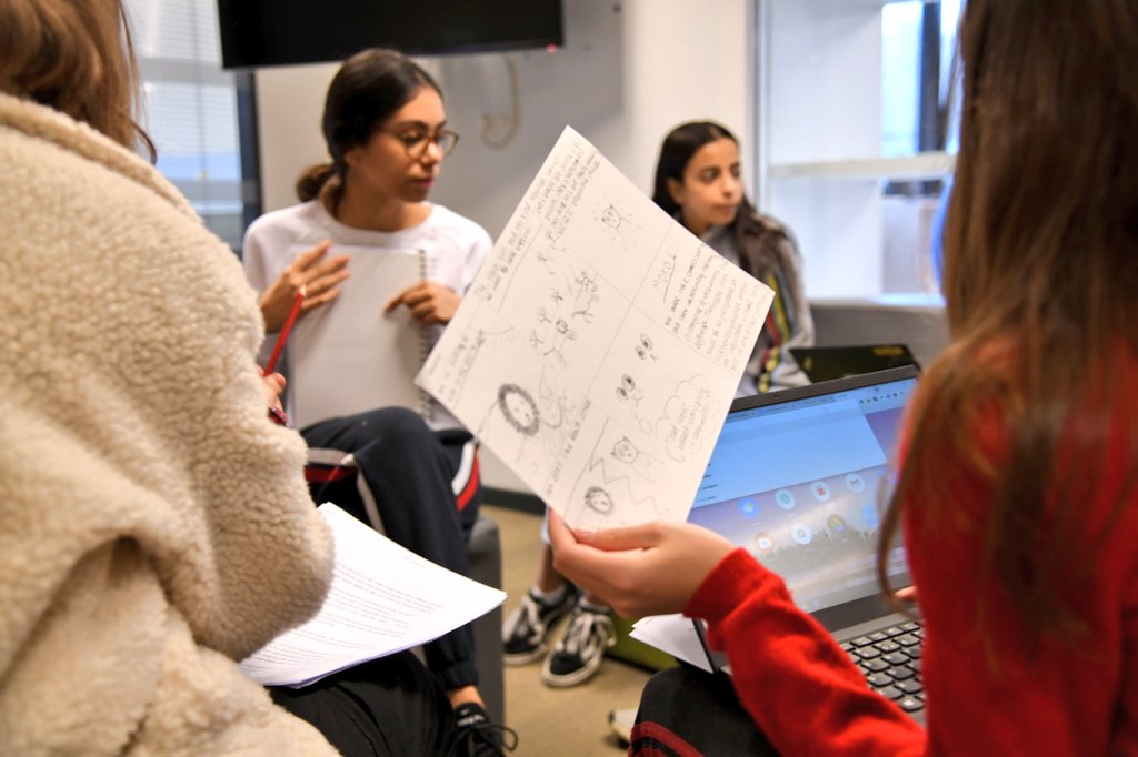 ISB_Arttease's tweet photo. First conversations between Authors &amp; Illustrators: The ideas are flowing! #mslearns #ISBLbD @ISB_MS #DoubleVision #collaboration #crosscurricular #ELD #ISBartists @Karen__Stephens @luburicl @IntSchBrussels https://t.co/2oI5up4NiU