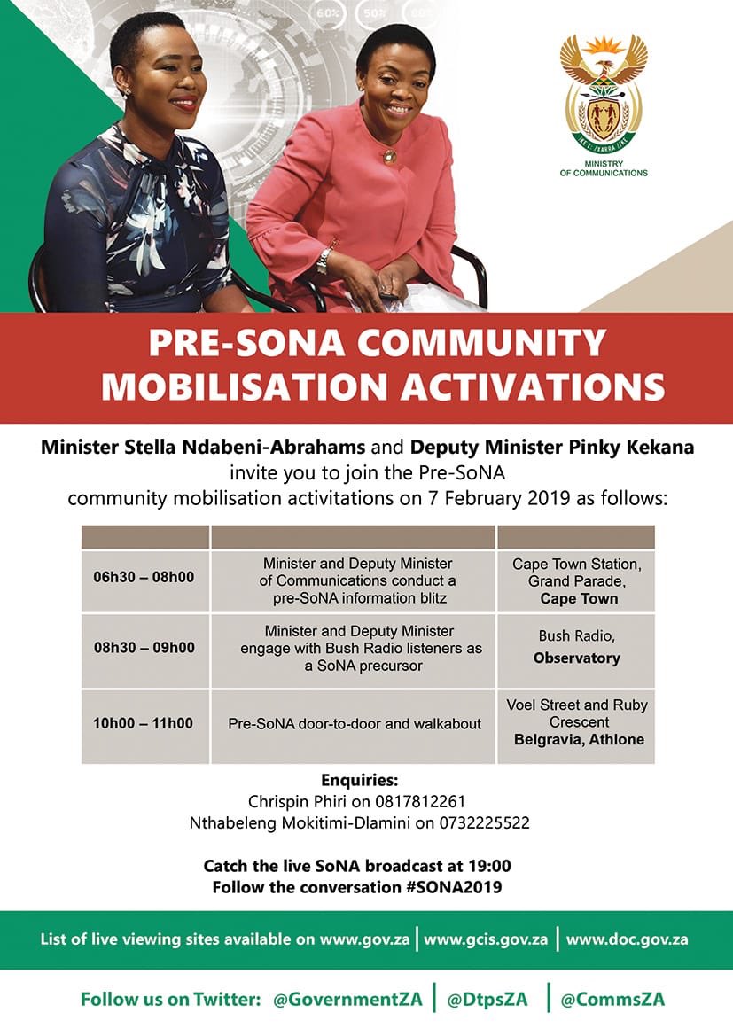 CommsZA's tweet photo. The Minister and Deputy Minister of Communications, Ms Stella Ndabeni-Abrahams and Ms Pinky Kekana, will, on 7 February 2019, lead community mobilisation activitations in the City of Cape Town. #SONA2019 https://t.co/ocaQ8jhuni