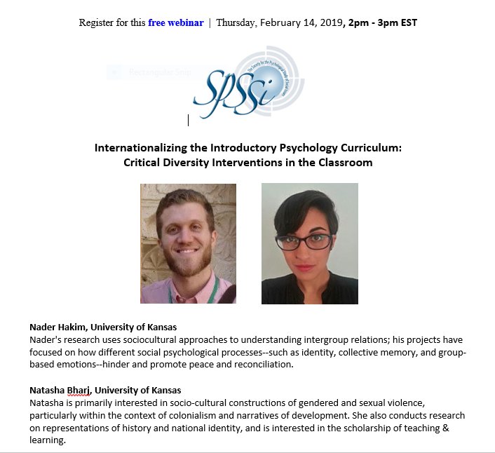 SPSSI's tweet photo. Join @SPSSI 4 FREE webinar Thurs, Feb 14, 2-3PM (EST), "Internationalizing the introductory psychology curriculum: Critical diversity interventions in the classroom." https://t.co/FQnBObAT46 @krcarriere @btblankenship @APAGradStudents @TeachingofPsych @Tulsi_Achia @Ph_Dreaming https://t.co/OtiUMZ0Pht