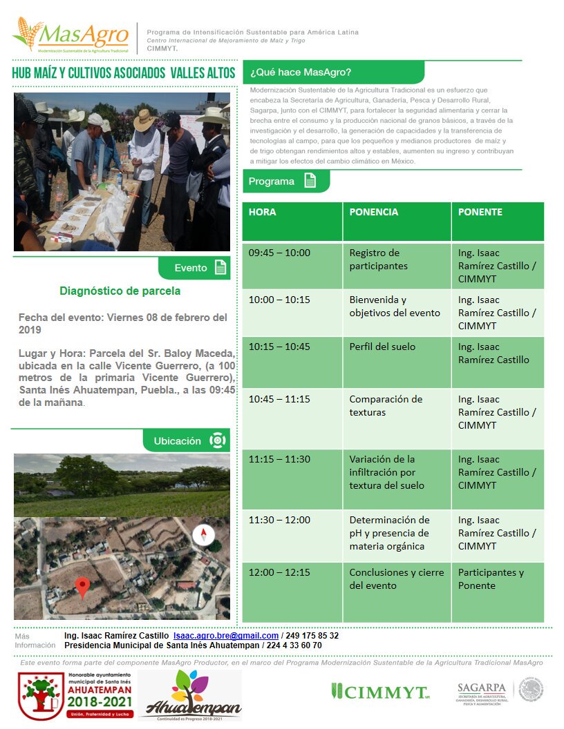 IsaacGDC's tweet photo. Hacemos la cordial invitación al taller: "Diagnóstico de parcela", a realizarse éste viernes 08 de febrero, a las 09:45 de la mañana, en Santa Inés Ahuatempan, Puebla. En un esfuerzo por mejorar nuestro sistema de producción a través de AC. #MasAgro #HubVAM #CIMMYTporMéxico https://t.co/WmXCWhLP4U