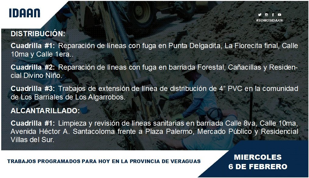 <a href="/IDAANinforma/">IDAAN</a> #Veraguas Trabajos programados para hoy 06 de febrero del 2019.