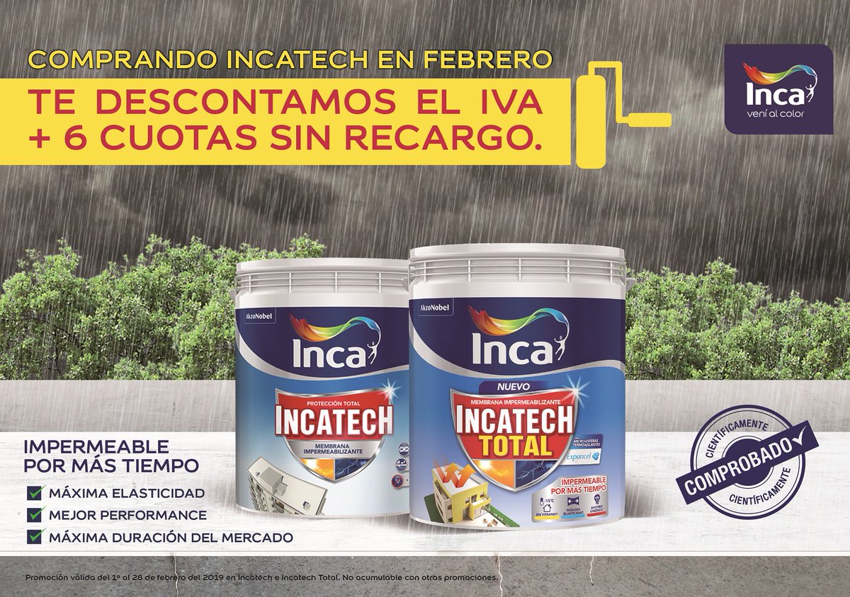 aguerrebereuy's tweet photo. IMPERMEABILIZÁ EN VERANO
En febrero, comprando Incatech te descontamos el IVA, y tenés hasta 6 cuotas sin recargo.
No acumula con otras promociones https://t.co/lZCLpVBy72