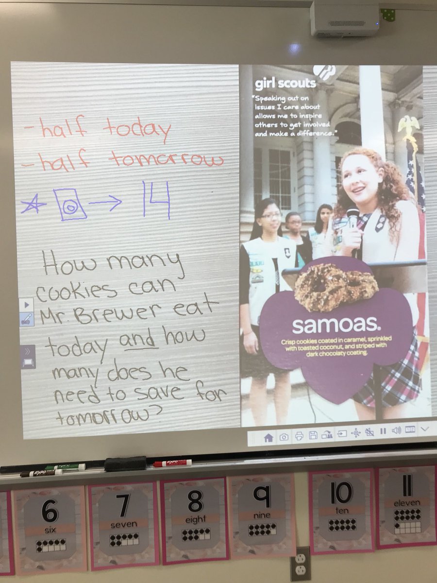 MrsBrewerLMA's tweet photo. The students had a very important task today! They had to figure out how many cookies Mr. Brewer could eat today. He wanted to eat half today and half tomorrow. The box has 14 cookies inside. #numberlesswordproblem #challenge @LMA_SMUSD @MrsJennCarr https://t.co/5MFF2943ni