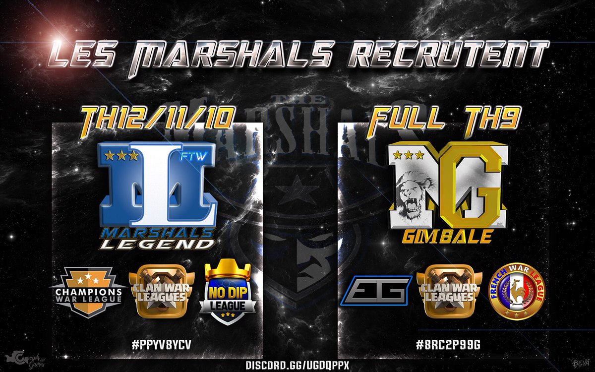 Envie de jouer des compétitions intenses et palpitantes ? 🔥🔥🔥🏆🥇🥈🥉
Que vous soyez hdv 9-10-11-12, les Marshals recrutent pour completer leurs rosters ! 👀
Rejoignez les Marshals 👉🏽 discord.gg/UGDQppx