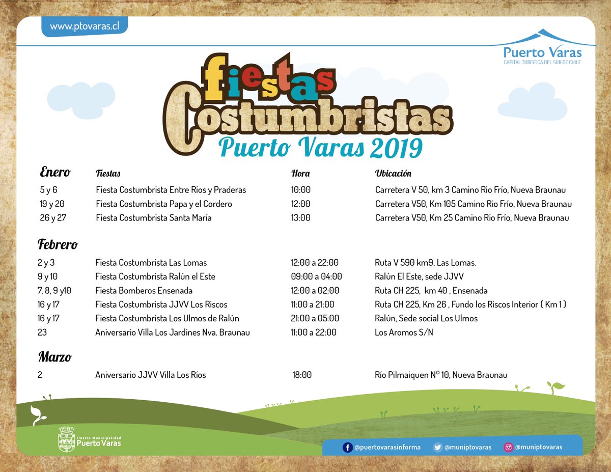 muniptovaras's tweet image. #VeranoEnPuertoVaras 🌞

💃Este fin de semana comienza el jueves con las Fiestas Costumbristas en #PuertoVaras Vamos a pasarlo Bien! 

7️⃣8️⃣9️⃣🔟 Fiesta Costumbrista Bomberos de Ensenada
9️⃣🔟 Fiesta Costumbrista  Ralún El Este