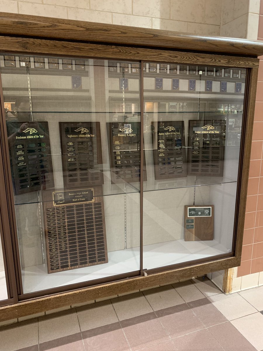 BensonLegacy's tweet photo. We are in the process of putting together our Legacy Foundation trophy cases. Our banquet plaques and State Campionship trophies have their own home to celebrate Benson Athletics! We will have more to fill the cases in the near future! #WeAreBenson https://t.co/1PuSboREcV