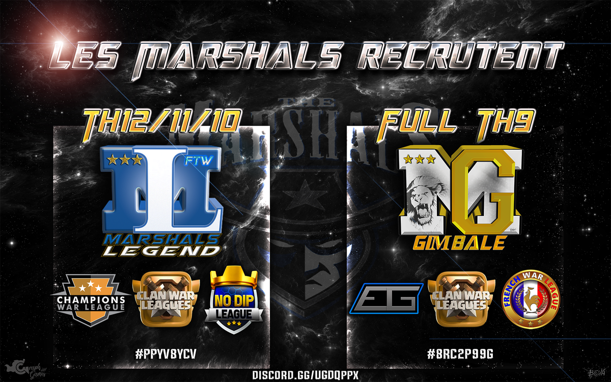 #ClashOfClans #eSports #Marshals #recrutement

La famille Marshals recrute pour ses compétitions en cours et à venir !!!

Si vous souhaitez participer, rejoignez nous sur Discord : discord.gg/UGDQppx