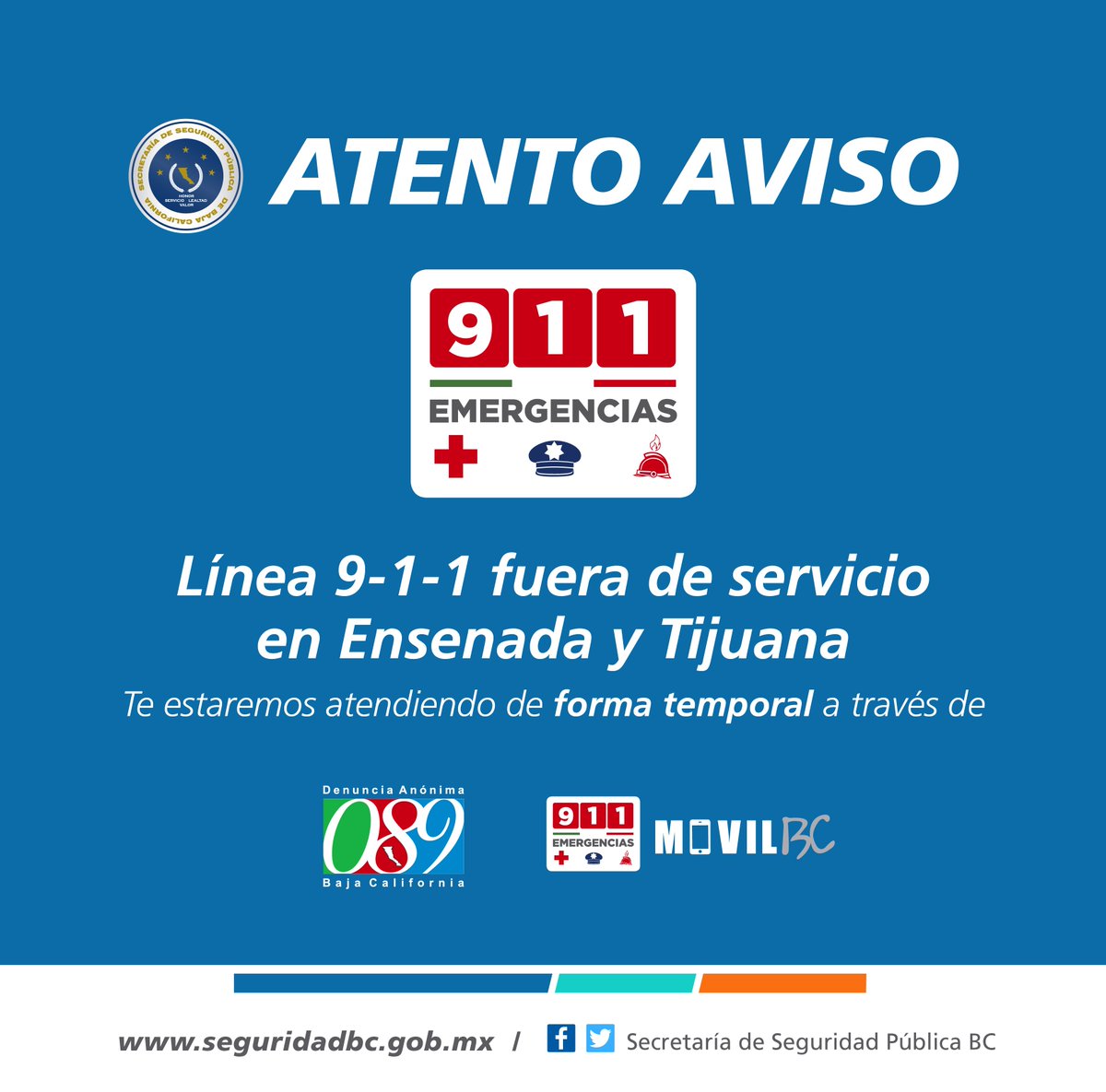 Problemas en Telnor impiden hacer llamadas de emergencias al 9-1-1 en #Tijuana y Ensenada, se exhorta a la ciudadanía a reportar sus emergencias al 089 o a través de aplicación ''911MóvilBC''
#911Emergencias #Comparte <a href="/GobiernoBC/">Gobierno de Baja California</a>  <a href="/KIKOVEGA_/">KIKO VEGA</a>