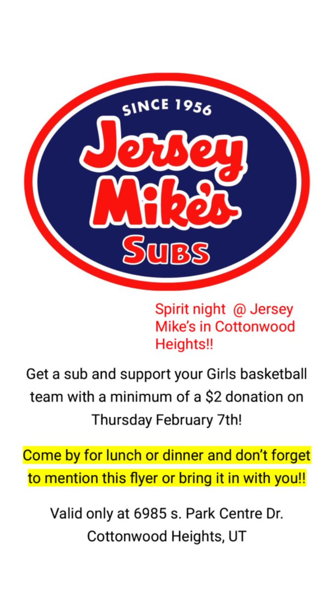 How does a $2 sub from Jersey Mike’s sound?? Come on out tomorrow(Thursday) to the Jersey Mike’s in Cottonwood Heights, show this flier when you order and support Hillcrest Women’s Basketball! If you’re feeling generous, feel free to donate more, all proceeds go directly to us!