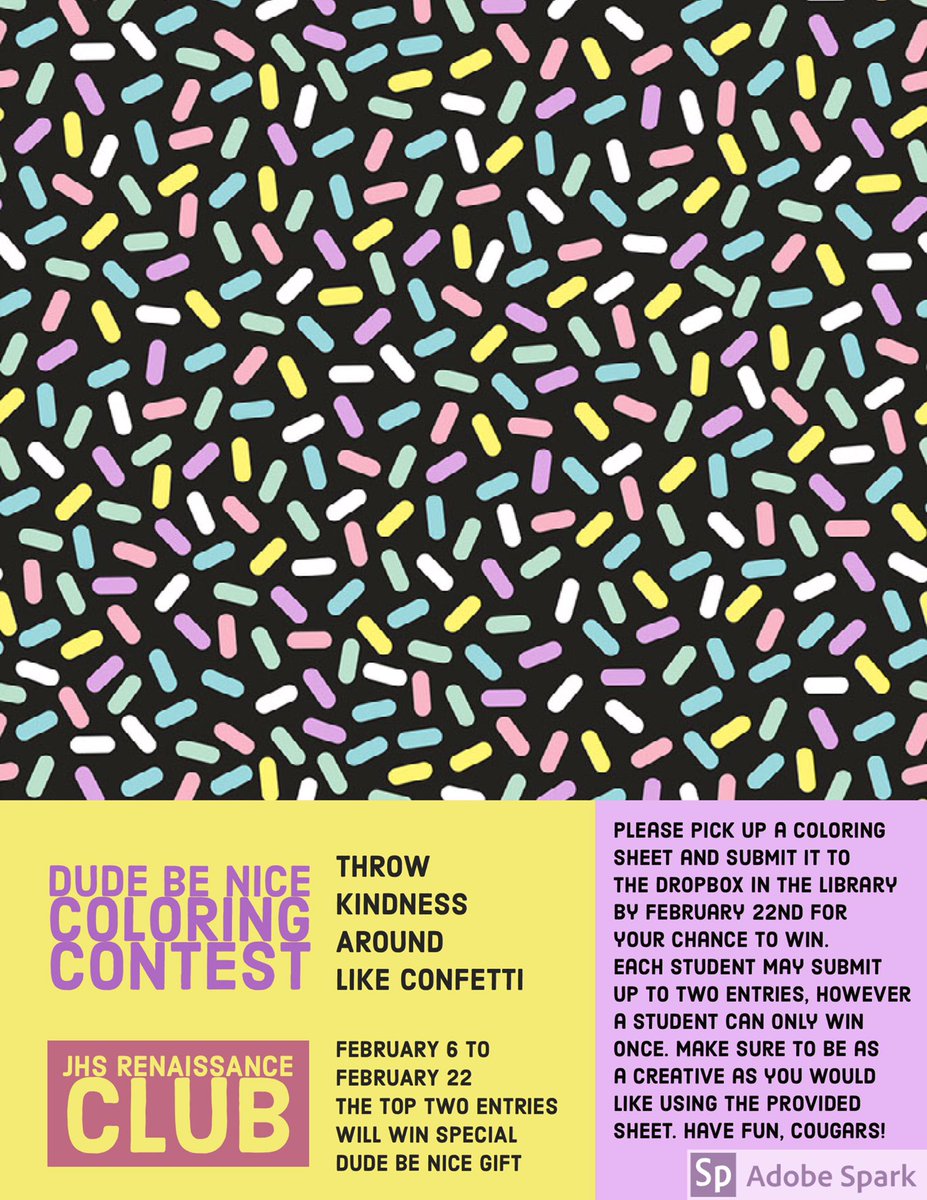 JHSRenaissance's tweet photo. Start getting ready for dude. be nice week now by participating this coloring contest! The two winners will receive unique gifts for this dude. be nice edition. #dudebenice

Pick up you coloring sheets today in the Media Center! 

@jhs_comm @dudebenice @J_Renaissance https://t.co/IseXWnSkGs