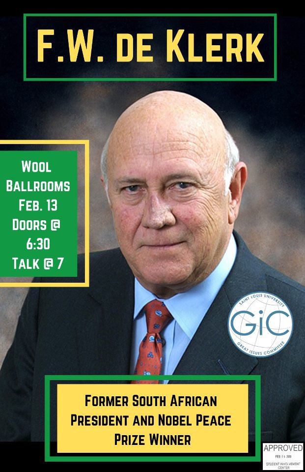 Come see F.W. de Klerk in one week! Can’t wait to see you all there for this free event! #SLUSpringSpeakers #GIC