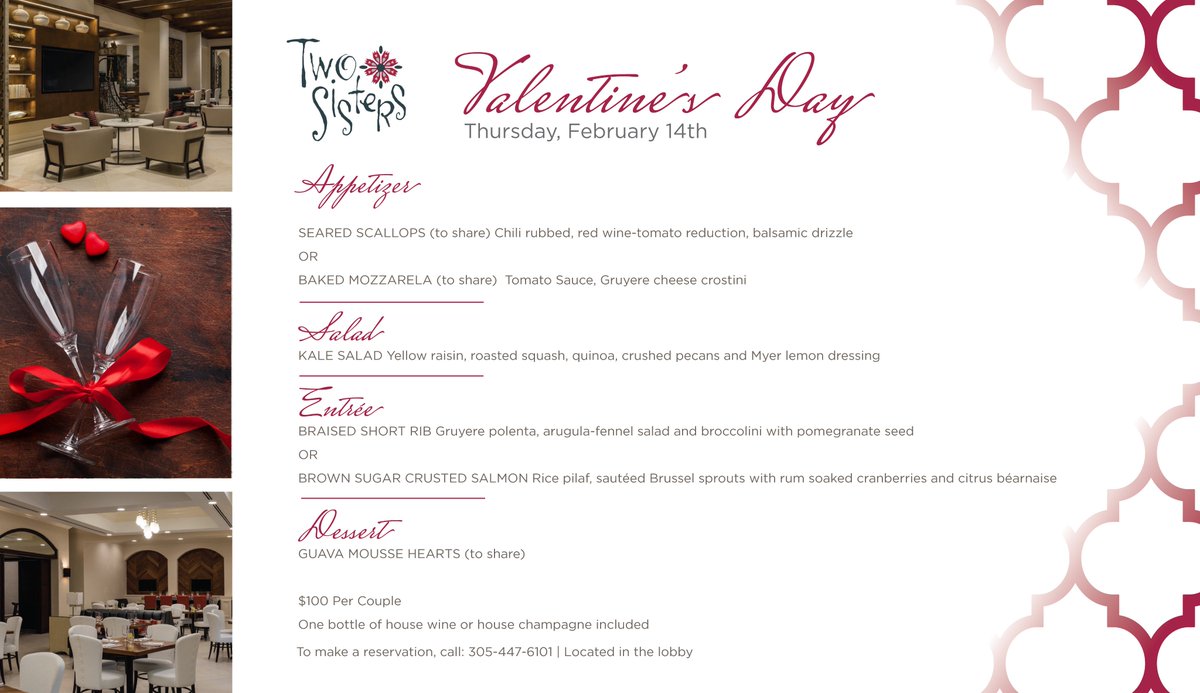 Treat your sweetheart with a romantic dinner at our elegant Mediterranean style restaurant on Valentine's Day. Enjoy the company of that special person in your life while tasting the bold flavors of Miami. To book a reservation, please contact us directly at 305-447-6013.