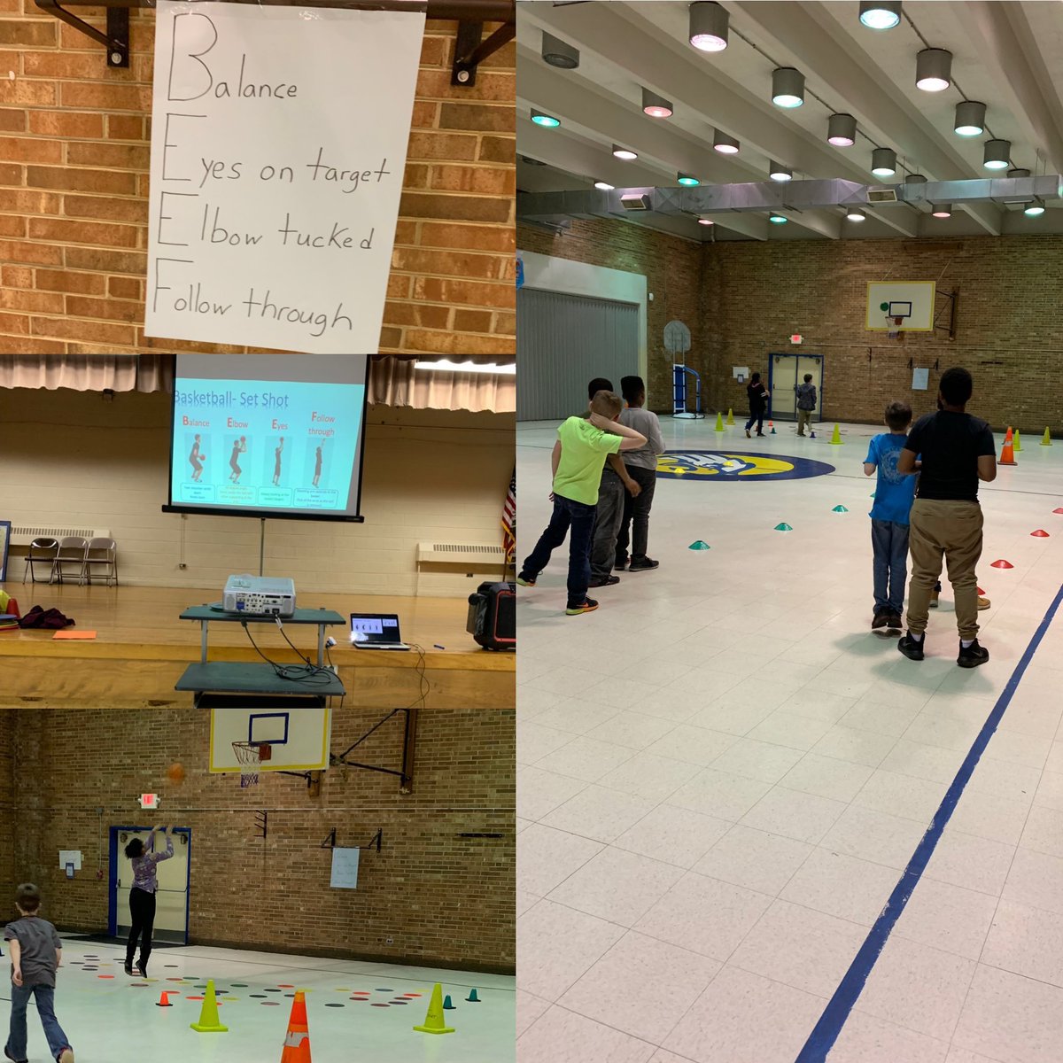 MrSomersPE's tweet photo. Let’s talk about B.E.E.F and basketball shooting!! Fourth graders here at @UNCGMSPS were doing great at using BEEF to help them make shots during hot spot! #PE #basketball https://t.co/XVwWzlQ84r