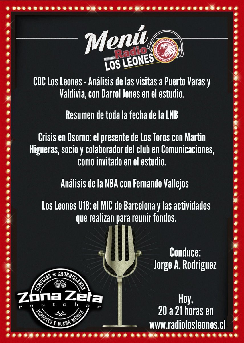 CDCLosLeones's tweet photo. Hoy, de 20:00 a 21:00 horas, estaremos al aire en Vamos Leones, a través de https://t.co/PWH5d1aX3b  📻🦁

Únete a nuestra transmisión en vivo desde @ZonaZetaBar y sé parte del programa comentando en nuestras RRSS! 🏀

Acá los temas que cubriremos en el programa: 👇 https://t.co/NAsgE7MlBB