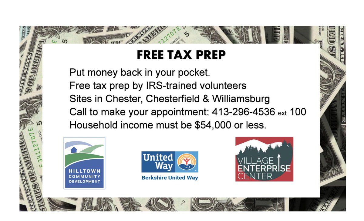 hilltowncdc's tweet photo. Need help with your taxes? Book your FREE appointment with a VITA Tax Volunteer today! IRS-trained volunteers will help you do your income taxes.  Put money back in your pocket - call to make your appointment today! https://t.co/PF1KmoVdo9