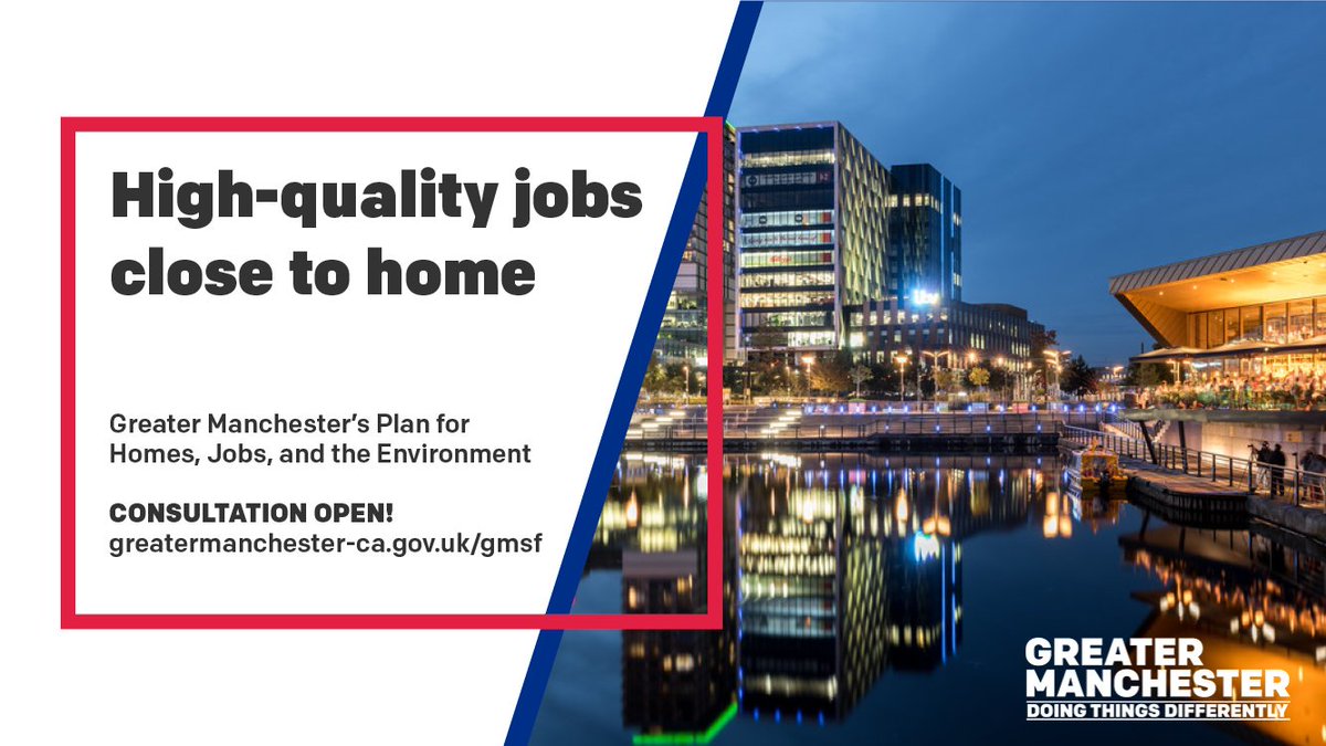 TraffordCouncil's tweet photo. Greater #Manchester’s Plan for #Homes, #Jobs, and the #Environment will help us provide everyone with access to skills, opportunities and a wide range of high-quality jobs across the city-region. #GMSF #GMSF2019 https://t.co/tBLyppWmDa