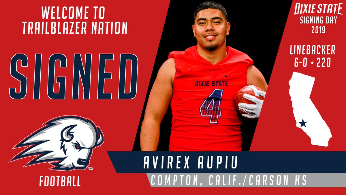 UtahTech_Sports's tweet photo. Welcome Avirex Aupiu to the Dixie State Trailblazers Family! @DixieState_FB #DixieBlazers #DixieNSD2019 https://t.co/QmEXoRhmUI