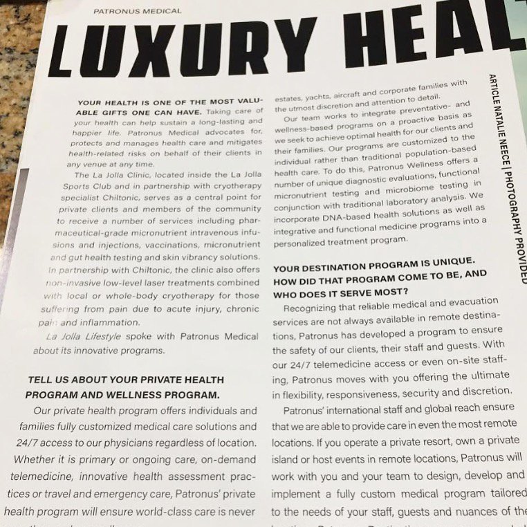 PatronusMed's tweet photo. Thank you La Jolla Lifestyle Magazine for featuring Patronus in your January addition! Read the article here: https://t.co/AJRP8NwVYg https://t.co/nUBDHME6N3