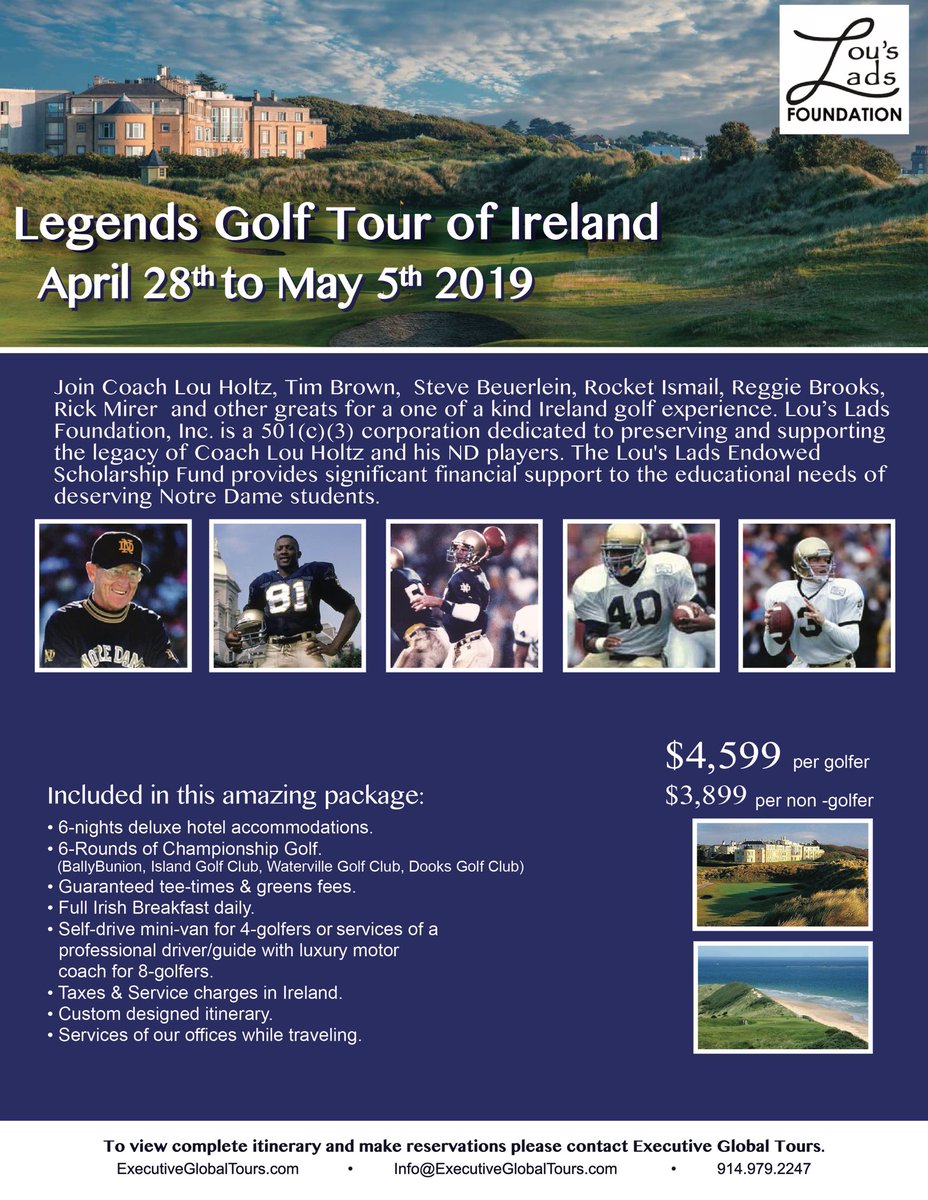 EgtTour's tweet photo. Join #fightingirish #collegefootball #legends in #ireland to #benefit #lousladsfoundation #louholtz #notredame #notredamefootball #timbrown81 #stevebuerlein #rocketismail #rickmirer #reggiebrooks #irish #golf #golfing #charitygolf #charityevent https://t.co/QwEXhFxWZM