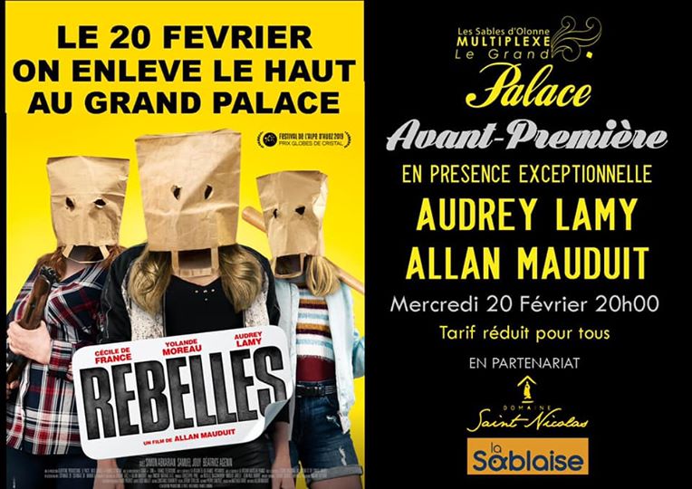 Une soirée spéciale avec un apéritif géant pour l'avant-première du film #Rebelles le 20 février au cinema <a href="/LeGrandPalace85/">CinémaLeGrandPalace</a> . Le réalisateur Allan Mauduit &amp; <a href="/AudreyLamy/">Audrey Lamy</a>  seront présents. A vos réservations !🎬Bande annonce  : bit.ly/2GtbuJ6