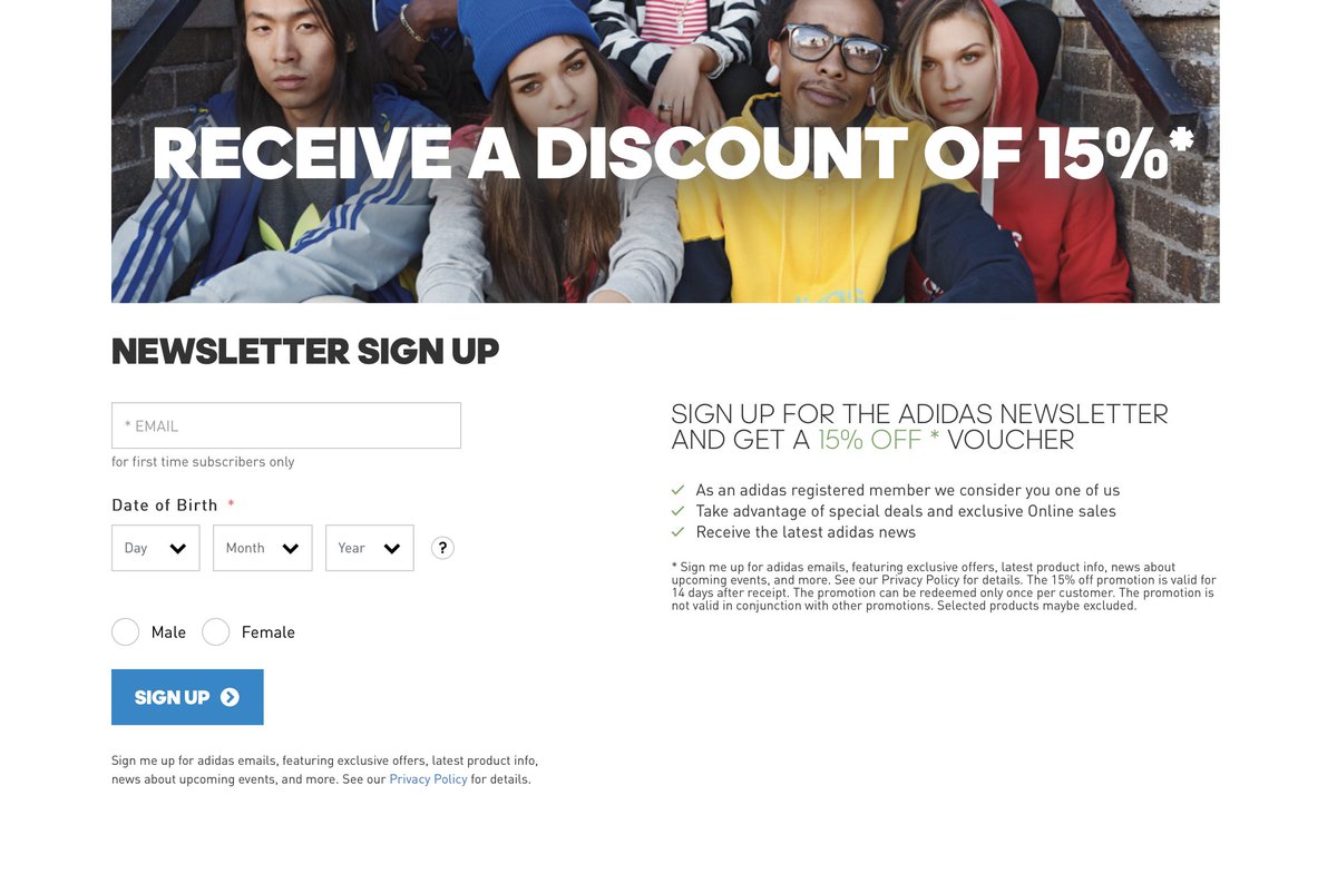 adidas alerts a Twitteren: "Get 15% off New on #adidas US by signing up for the Newsletter. SIGN UP https://t.co/Jgb1a0fa1Q / Twitter