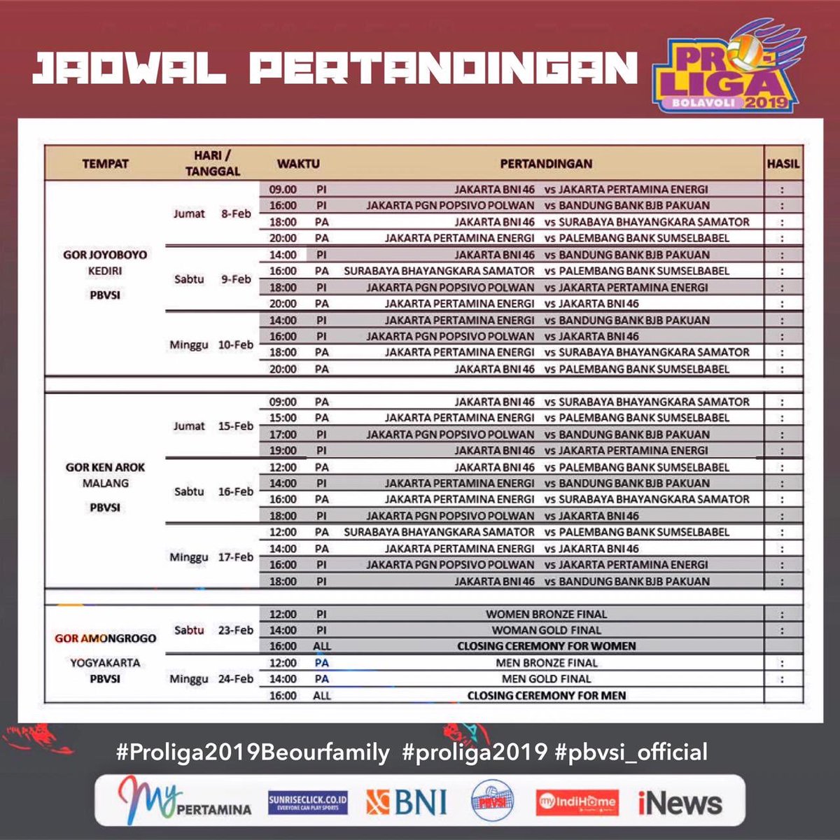 VoliProLiga's tweet photo. JADWAL PERTANDINGAN FINAL FOUR PROLIGA 2019 di KEDIRI dan Malang serta GRAND FINAL di Jogja. #Proliga2019Beourfamily  #proliga2019 #pbvsi_official https://t.co/puxK69Lp0F
