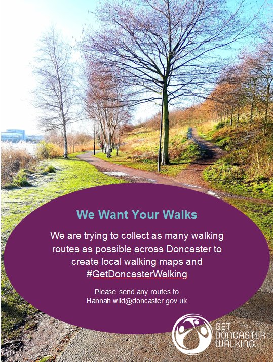 We Need You!
Share your scenic weekend stroll or dog walking route to help us gather walks from all over Doncaster. #EveryStepCounts so no walk is too short, all we need is the start point and directions for us to make more local maps and #GetDoncasterWalking 🚶‍♀️🚶‍♂️🐕♿️
