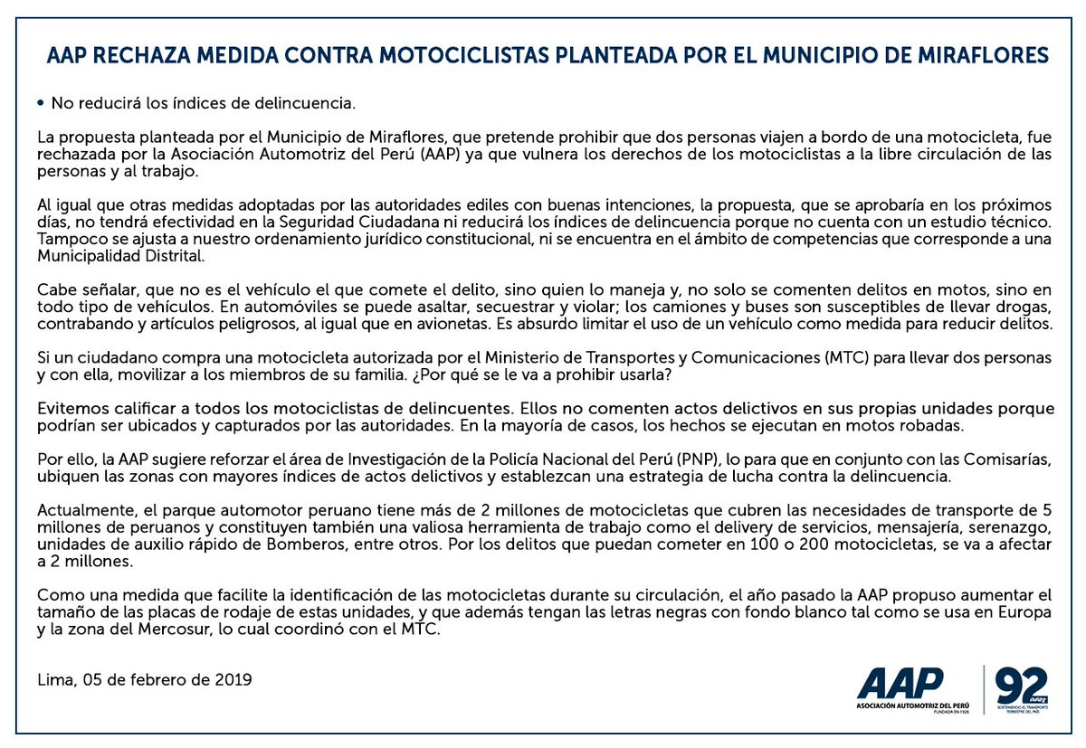 Compartimos el comunicado de la <a href="/AAP_Peru/">Asociación Automotriz del Perú</a> ante la propuesta planteada por la <a href="/MuniMiraflores/">Muni de Miraflores</a>
Link a la nota ▶️ bit.ly/Nota-De-Prensa… #Miraflores