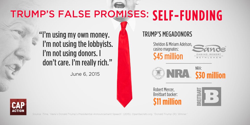 CAPAction's tweet image. The Trump re-election campaign announced its first major campaign rally for 2/11 in El Paso, TX.

Timely reminder that Trump's entire 2016 campaign was full of lies—like his lie that the campaign was self-funded. #TrumpFalsePromises