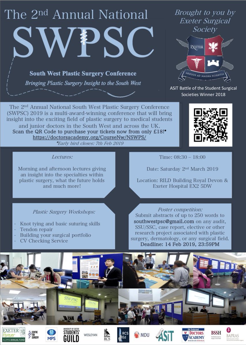 SWPlasticsConf's tweet photo. Last chance to purchase your early bird ticket for £18 only!
https://t.co/ylZj7kGQbr
#SWPSC #exetersurgsoc #exetermed
We are still accepting abstract until 14/2/2019
southwestpsc@gmail.com https://t.co/tZmwapmbpH