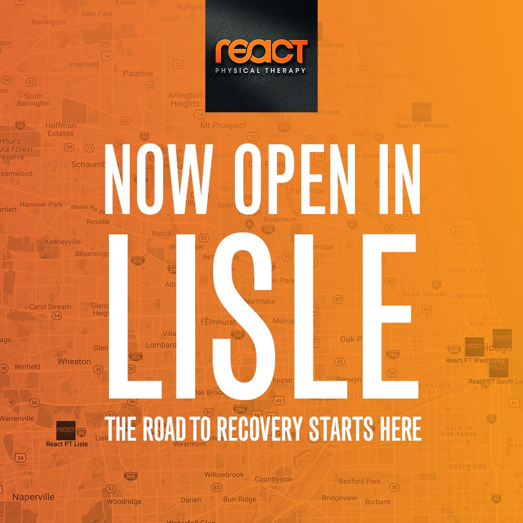 BeReact's tweet image. The road to recovery starts here!

There are now 6 locations around Chicago to help you feel better and get moving again. You’ll find the newest @BeReact Physical Therapy inside @LifeStart Central Park in Lisle right off I-88 near Naperville, Wheaton, and Downers Grove.