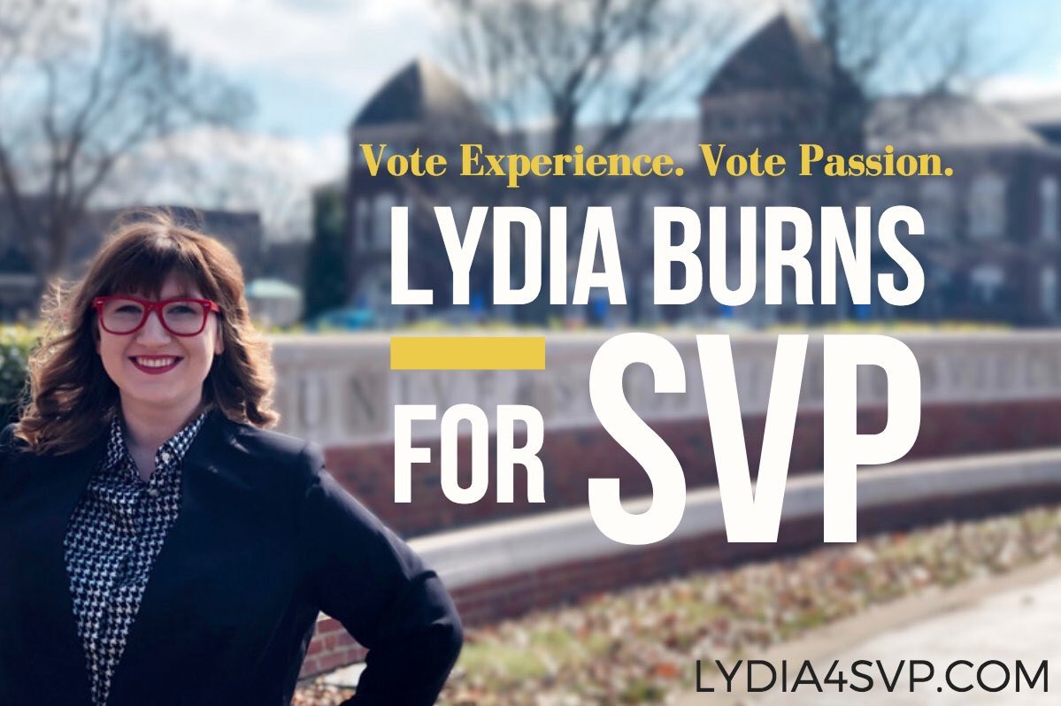 lydiakburns's tweet photo. Hello friends! I have an announcement: I’m running for SVP! 
My Platform? To create a more sustainable, accessible, and affordable campus for all. 
Check it out at https://t.co/8QtMm3Uo7G https://t.co/dRKdyUoq8P