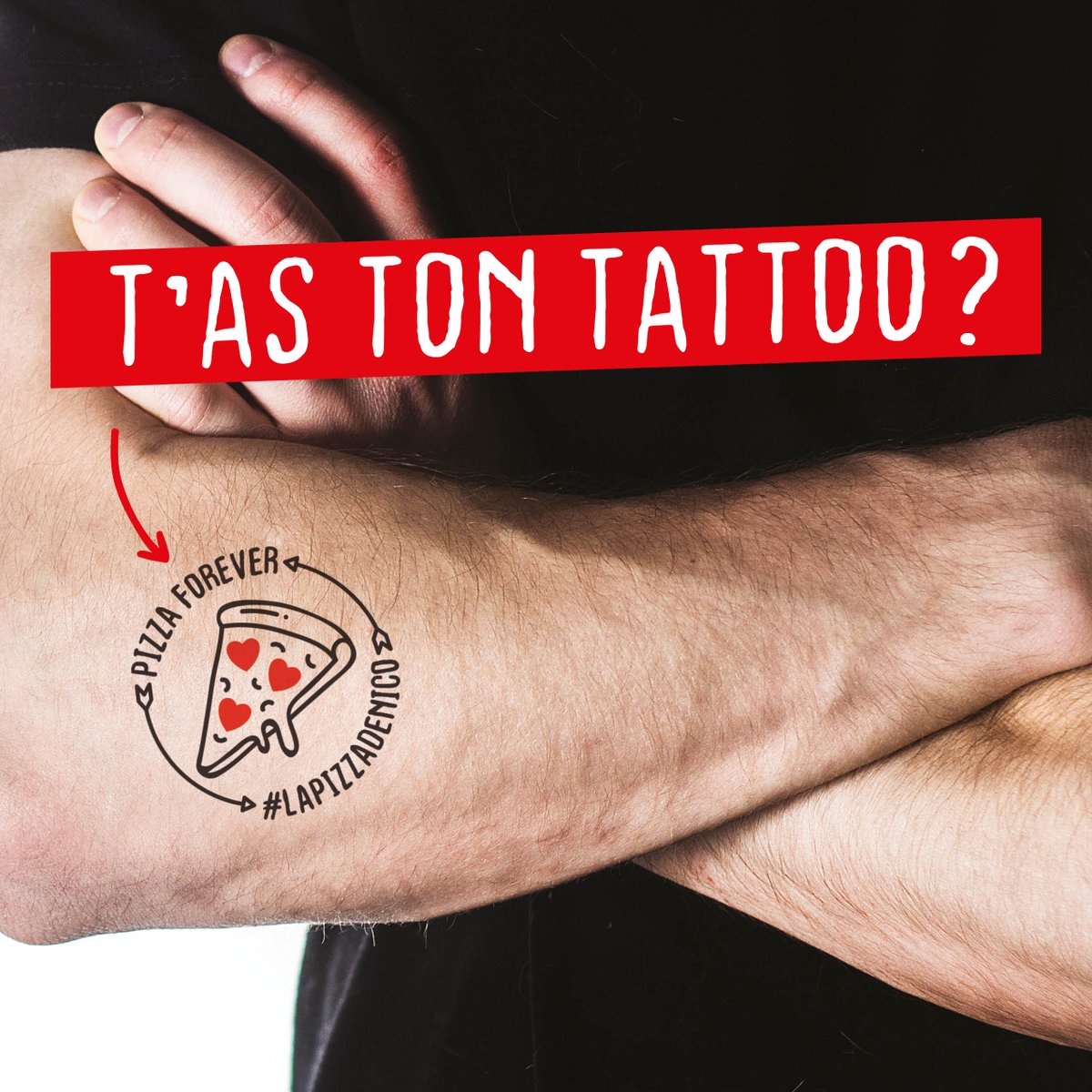 T'as ton tattoo ? Pose le sur ta peau et profite d'une pizza gratuite pour l'achat d'une pizza ! 🍕
Tu peux aussi tenter de gagner 1 an de pizzas, en postant ton tatouage sur tous les réseaux sociaux avec le #lapizzadenico. 
Tirage au sort le 20 février !