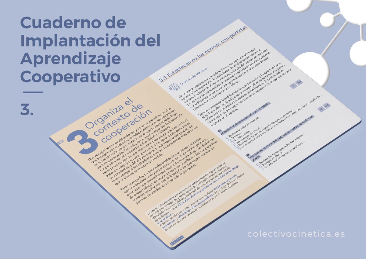"Organiza el contexto de cooperación", pensado para guiar el proceso de implantación del #AprendizajeCooperativo en un centro, encontrarás algunas claves para convertir tu clase en un espacio en el que la cooperación fluya de forma adecuada.  Descarga: bit.ly/2FQMVpl
