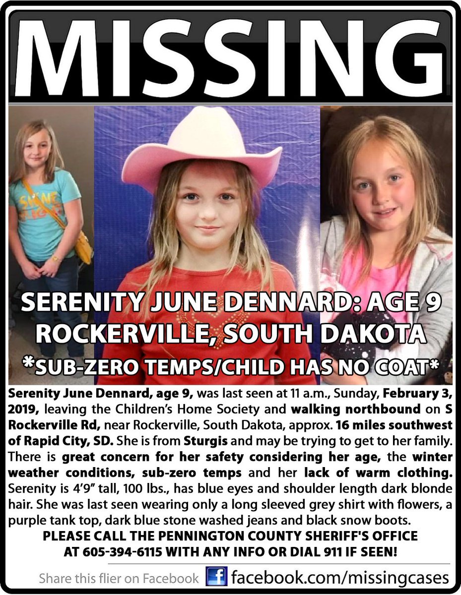 MissingCases's tweet photo. RT #SerenityDennard age 9 *Updated Timeline & Direction of Travel* Emergency #FindSerenity #BlackHills girl #missing in sub-zero temps Last seen 2/3/2019 #Rockerville #SouthDakota approx 16 miles sw of #RapidCity She may be trying to get to family in #Sturgis Call 605.394.6115 https://t.co/wbXoa26mpu