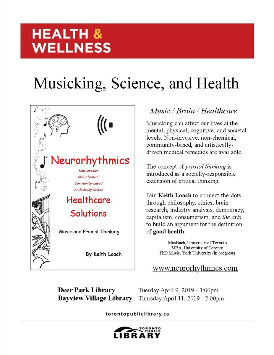 Two NEW library talks! Free and open to the public. neurorhythmics.com
Neurorhythmics: Healthcare Solutions.
Apr 9 <a href="/3/">Blair</a>:00pm - Deer Park Library
Apr 11 <a href="/2/">A 2-loop</a>:00pm - Bayview Village Library
#musicscience #healthcare #dalcroze