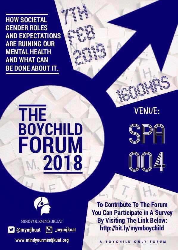 Re-post!! Happening tomorrow.  Lets start the conversation here under this year's theme  #LetsTalkItOut19 and #boychildforum <a href="/DiscoverJKUAT/">Discover JKUAT</a> <a href="/JKUATJKUSA/">JKUAT JKUSA</a>  <a href="/JkuatAlumni/">JKUAT ALUMNI</a> <a href="/AMB_A_Mohammed/">AMB.(Dr.) Amina C. Mohamed</a>