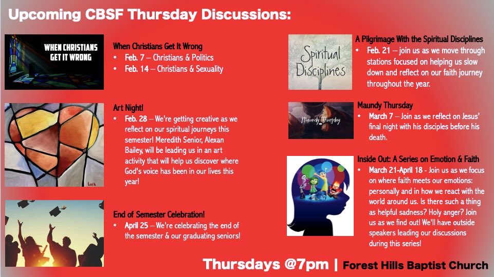 CBSFRaleigh's tweet photo. We're excited for what's coming up in our discussions for the rest of the semester! Join us Thursdays at 7pm for dinner &amp; discussion!

Forest Hill Baptist Church, 201 Dixie Trail Raleigh https://t.co/wT5ogKTJQQ