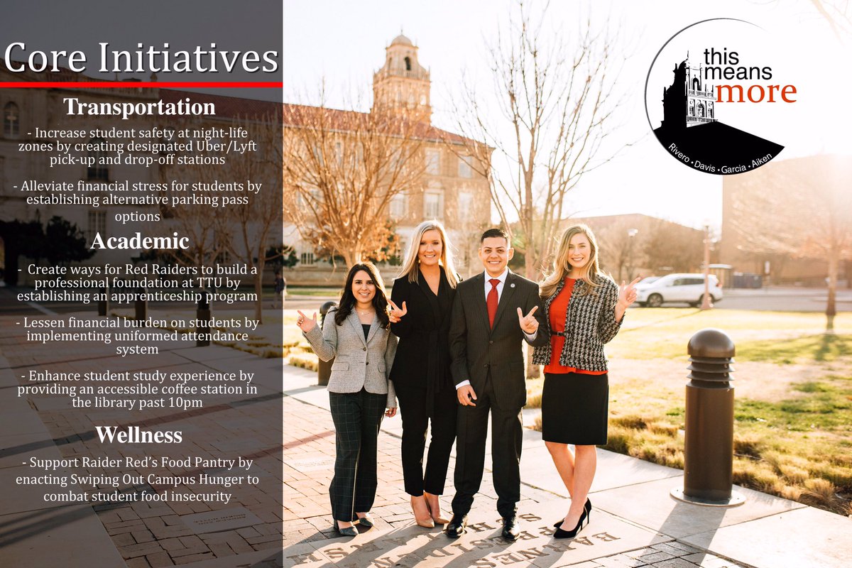 thismeansmore__'s tweet photo. Today, we would like to share with you the initiatives that the This Means More campaign was built on. We believe that the 3 pillars of transportation, academics, and wellness encompass the changes that we strive to make on campus in order to improve the lives of Red Raiders. https://t.co/y9YaM0o4VG
